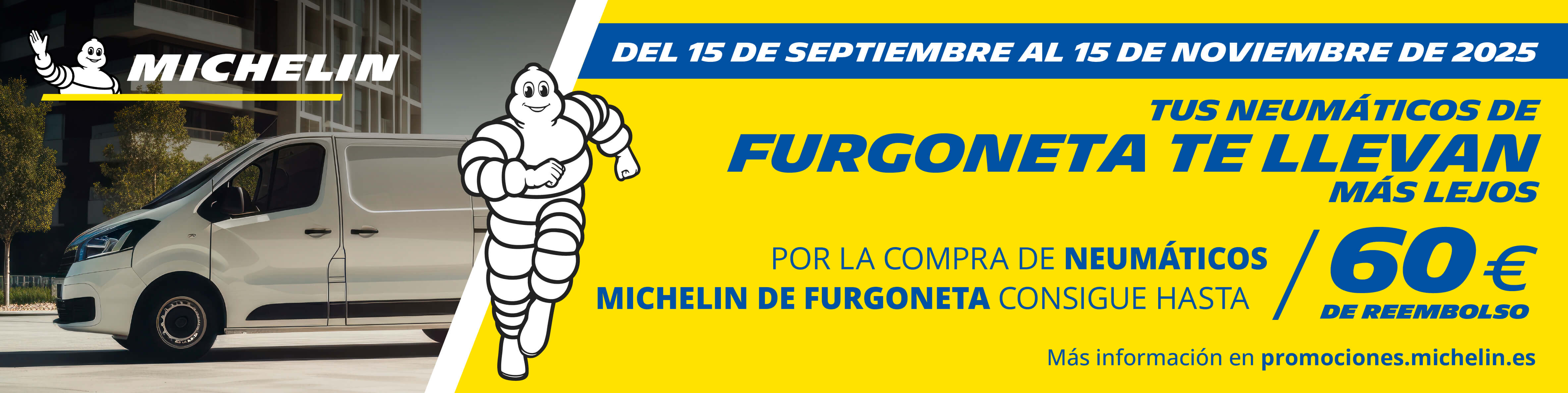 Imagen promocional de neumáticos Michelin para furgonetas con oferta exclusiva en Euromaster – fondo azul con furgoneta y texto destacado